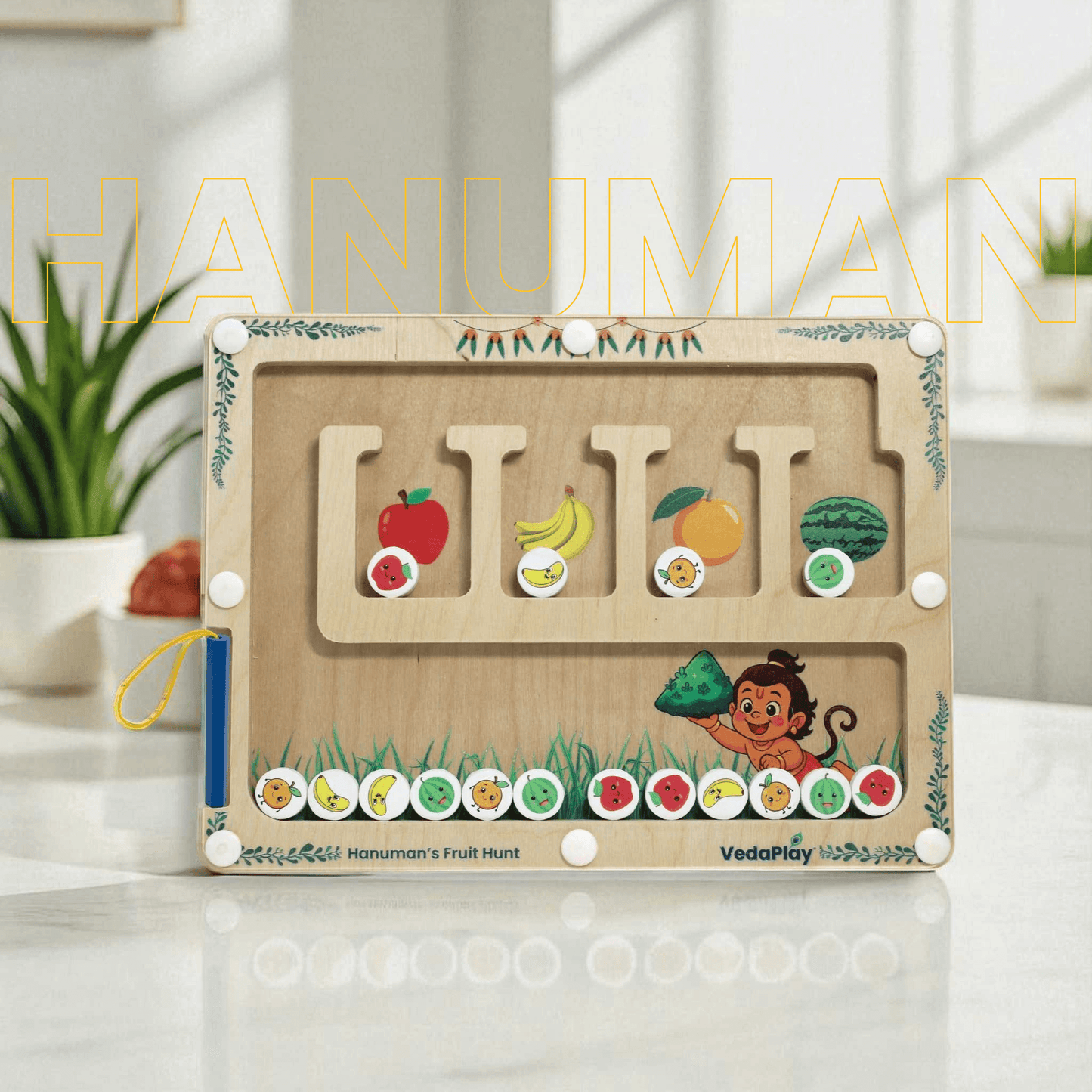 Hanuman Fruit hunt Montessori maze educational toy featuring colorful fruits and a wooden sliding puzzle design. Ideal for interactive learning toy