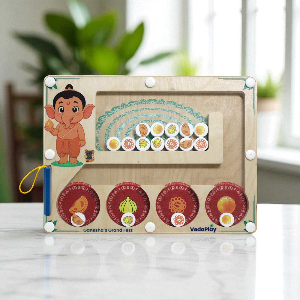 Shop Ganesha's Grand Fest Maze | 35% Off & Free Ship – Montessori magnetic maze toy with Ganesha character, modak sorting, and durable birch wood board.