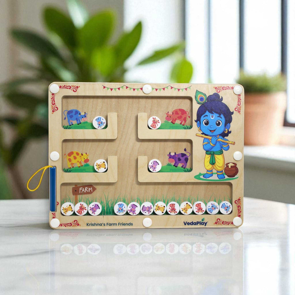 Krishna's Farm Friends Montessori maze educational toy featuring colorful farm animals and a wooden sliding puzzle design. Ideal for interactive learning.