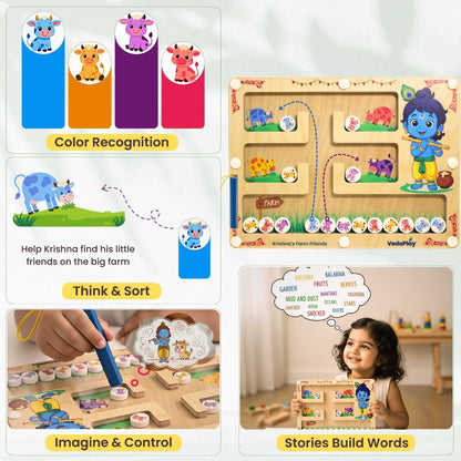 Krishna's Farm Friends - Montessori Maze educational toy with colorful animal pieces for color recognition and sorting activities.