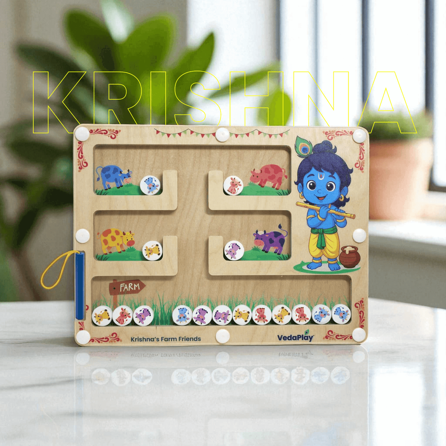Krishna's Farm Friends Montessori maze educational toy featuring colorful farm animals and a wooden sliding puzzle design. Ideal for interactive learning toy.