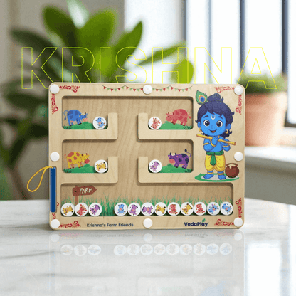 Krishna's Farm Friends Montessori maze educational toy featuring colorful farm animals and a wooden sliding puzzle design. Ideal for interactive learning toy.