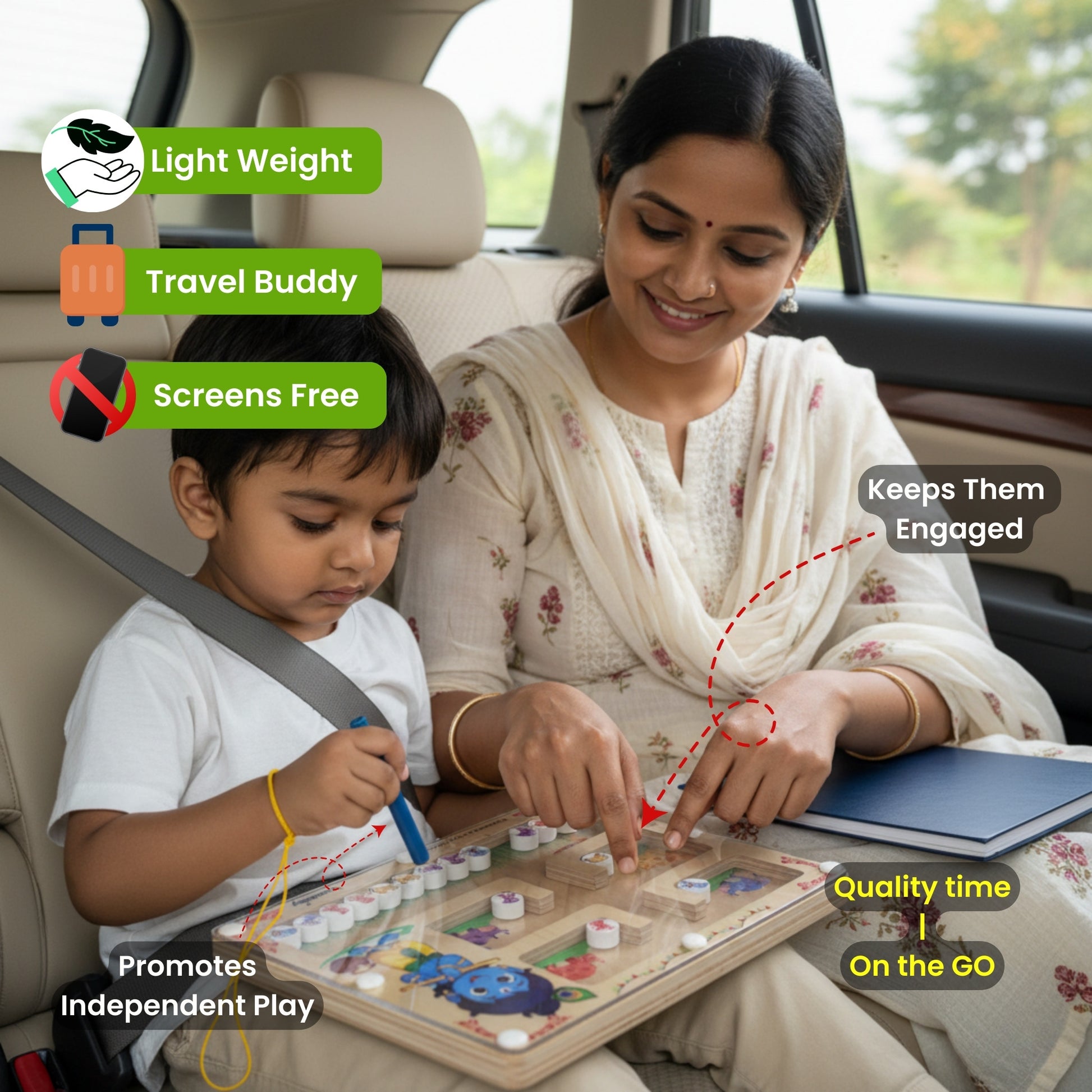 Child and mother playing with Krishna's Farm Friends Montessori Maze in car, promoting screen-free educational travel play.