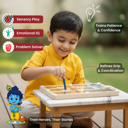 Child playing with a wooden puzzle outdoors, with educational benefits highlighted. Child playing with Krishna's Farm Friends - Montessori Maze, an educational toy promoting sensory play, emotional IQ, and problem-solving skills.