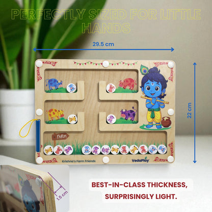 Krishna's Farm Friends - Montessori Maze | Educational Toy featuring wooden maze board with colorful farm animals and Krishna character for interactive learning.