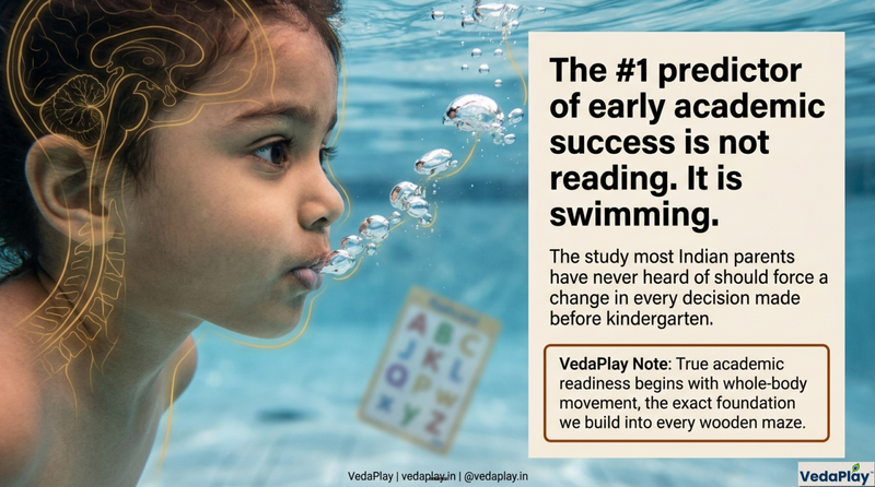Swim strokes wire 200M nerve fibers - the brain bridge reading and math run across. ABC drills can't build it. Before age 5.