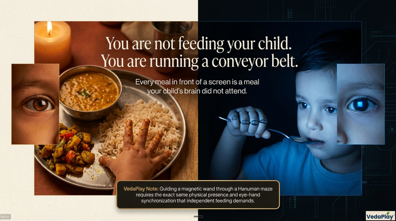 Every screen-meal silences 40+ body signals. The 3-hour cost — meal after meal. The fix, before picky eating sets in.