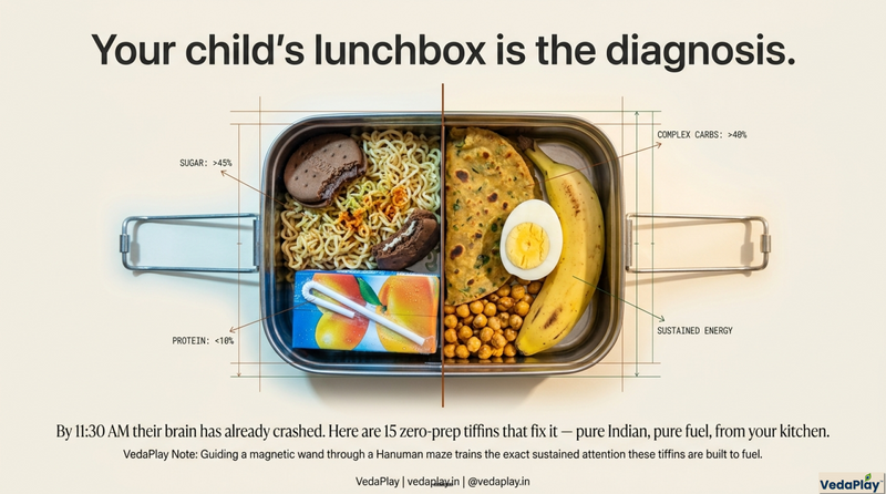 Brain runs on 20% of daily glucose - and crashes by 11:30 AM on the wrong tiffin. 15 zero-prep Indian fixes inside.