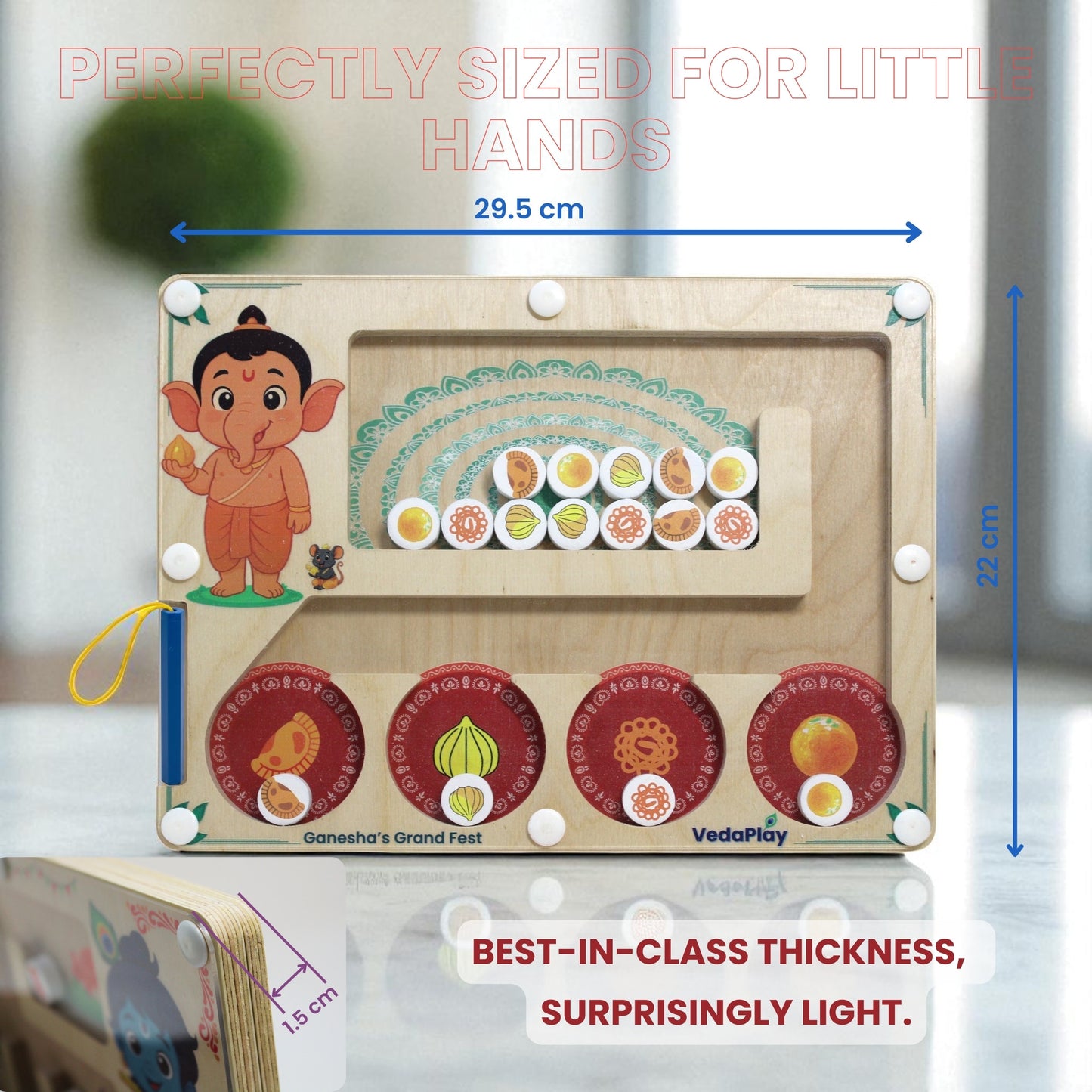 Wooden educational toy with colorful buttons and a cartoon character, displayed with measurements. Shop Ganesha's Grand Fest Maze | 45% Off & Free Ship – Dimensions of magnetic maze toy shown as 29.5 cm by 22 cm, made from safe birch wood for toddlers.