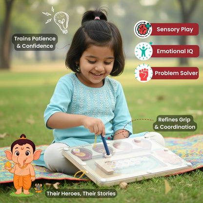 Child playing with educational toys outdoors, surrounded by benefits text and a cartoon character. Shop Ganesha's Grand Fest Maze | 45% Off & Free Ship – Young girl playing with magnetic maze toy outdoors, promoting sensory play and emotional IQ.