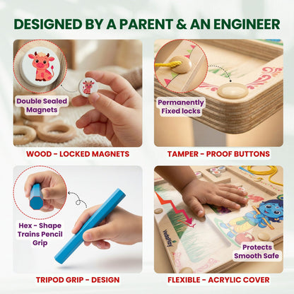 Product features with text 'Designed by a Parent & an Engineer' and images of safety mechanisms. VedaPlay magnetic maze
