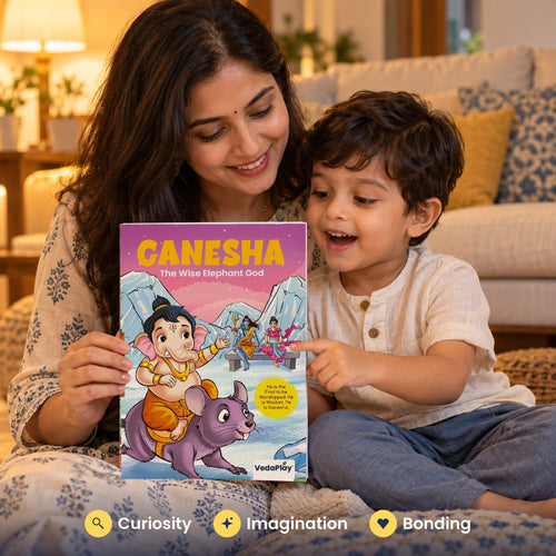 Mother and child reading the Ganesha comic together: curiosity, imagination, bonding