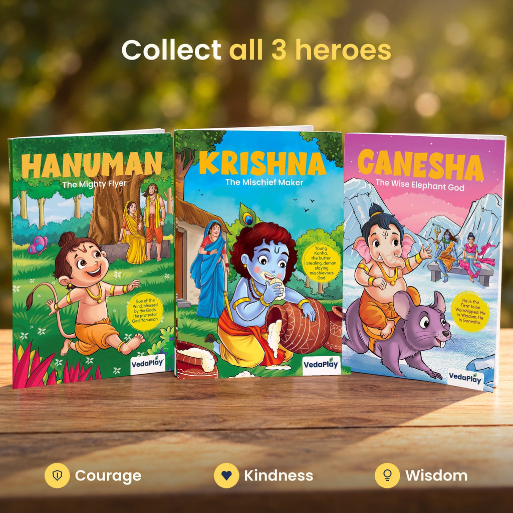 Collect all 3 VedaPlay comics: Hanuman courage, Krishna kindness, Ganesha wisdom
