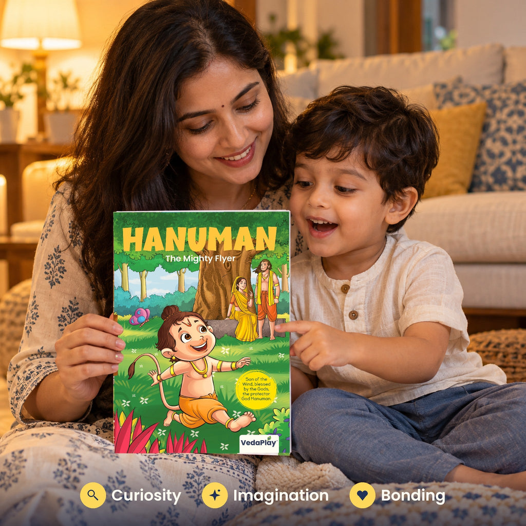 Mother and child reading the Hanuman comic together: curiosity, imagination, bonding