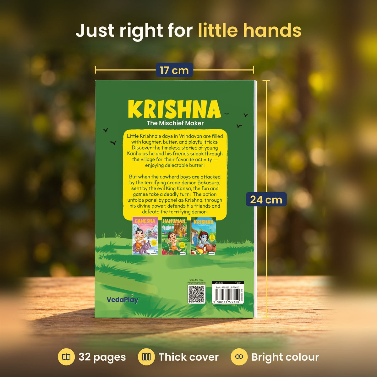 Krishna comic back cover, 17 x 24 cm, 32 pages, thick cover
