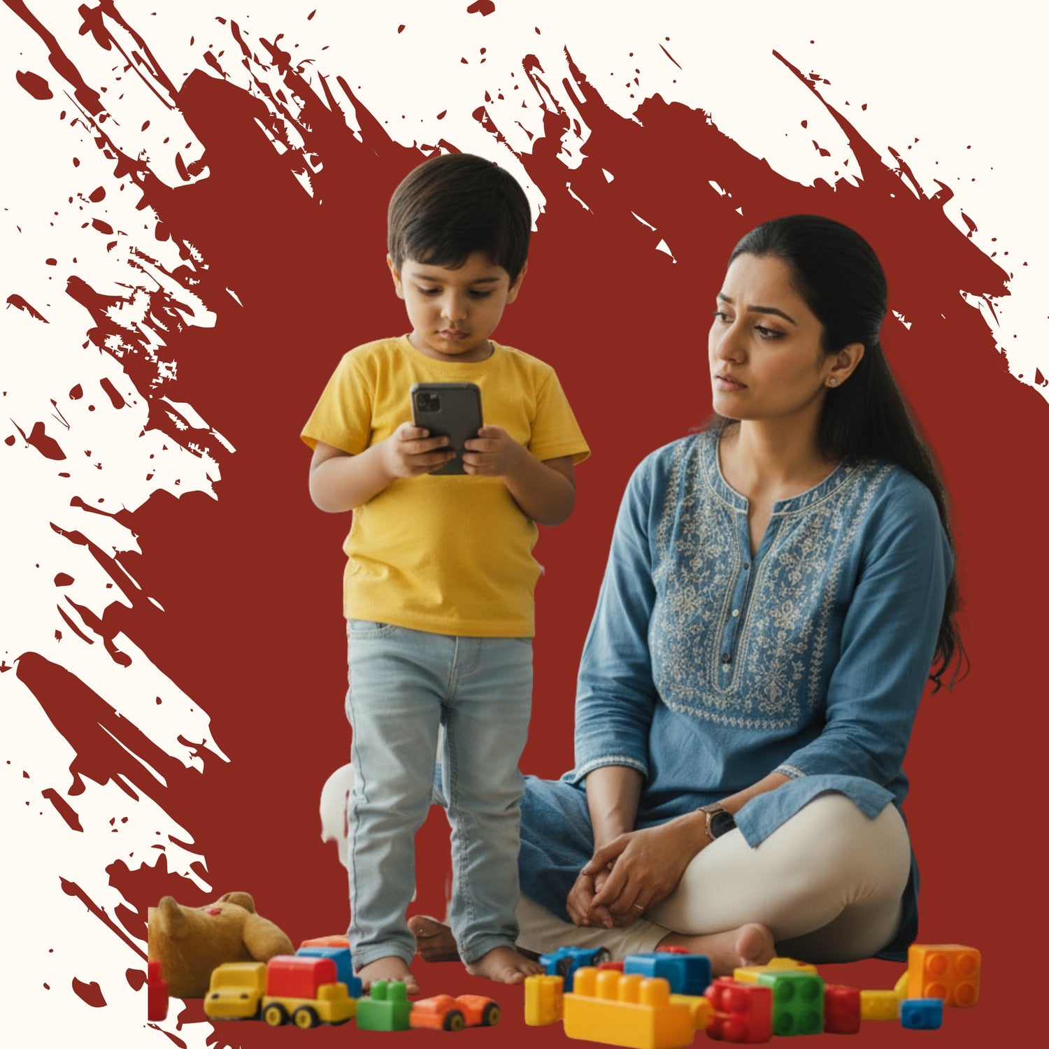 Indian mother standing and holding her young child in her arms while the child is absorbed in a mobile screen, showing common parenting worries about screen time in modern homes.