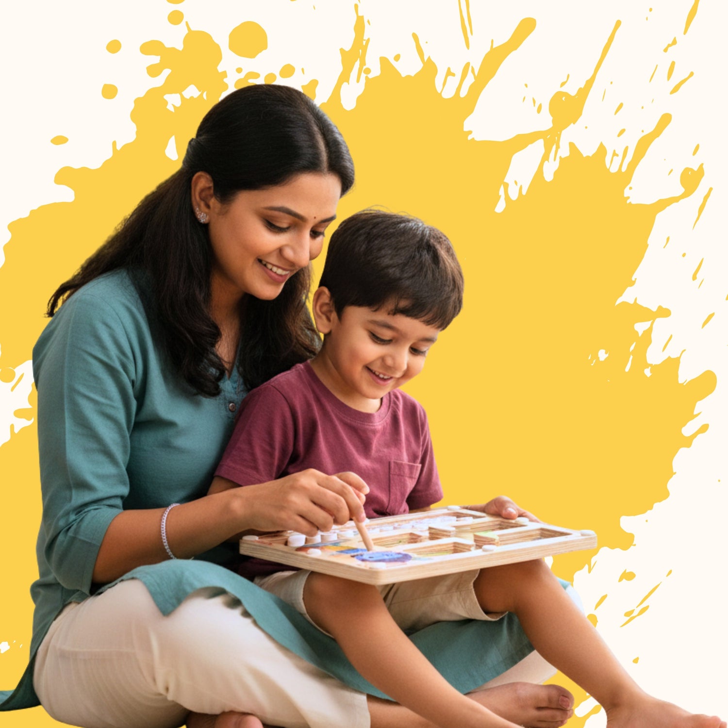 Modern Indian mother with her child sitting on her lap, both happily playing with a Montessori-inspired wooden maze toy from VedaPlay, showcasing screen-free bonding and joyful learning.