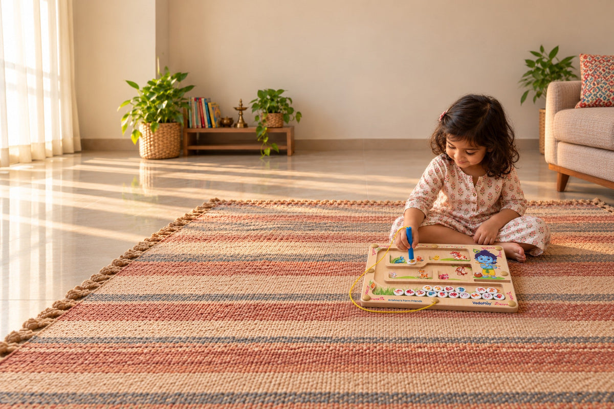 A little girl in a kurta playing Krishna's Farm Friends maze on a rug at home