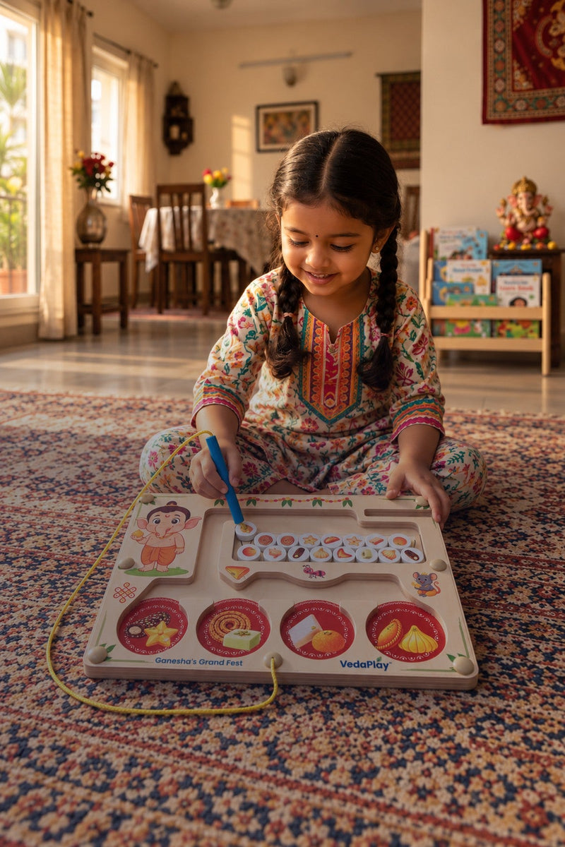 A little girl with braids playing Ganesha's Grand Fest maze on a rug at home