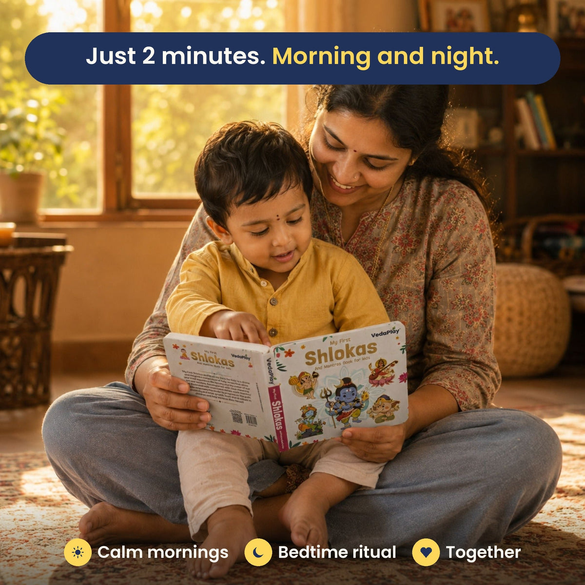 Mother and child reading the Shlokas board book together, 2 minutes morning and night